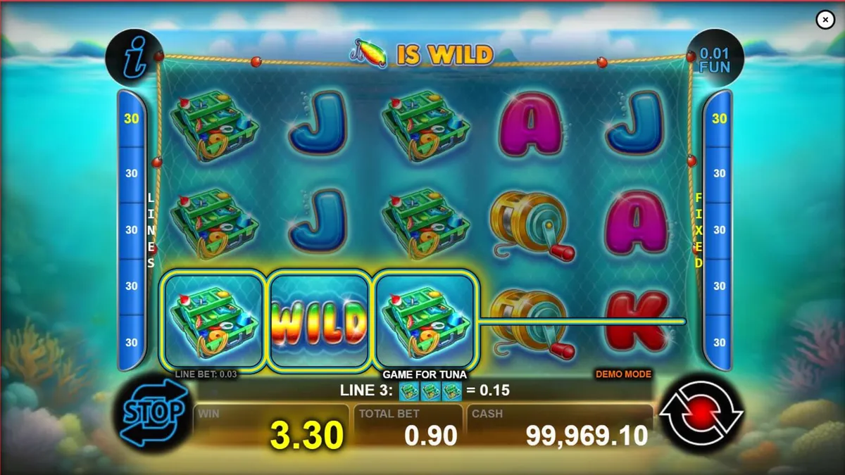 Tampilan layar permainan slot Game for Tuna di perangkat seluler yang menunjukkan simbol ikan dan latar belakang samudra.